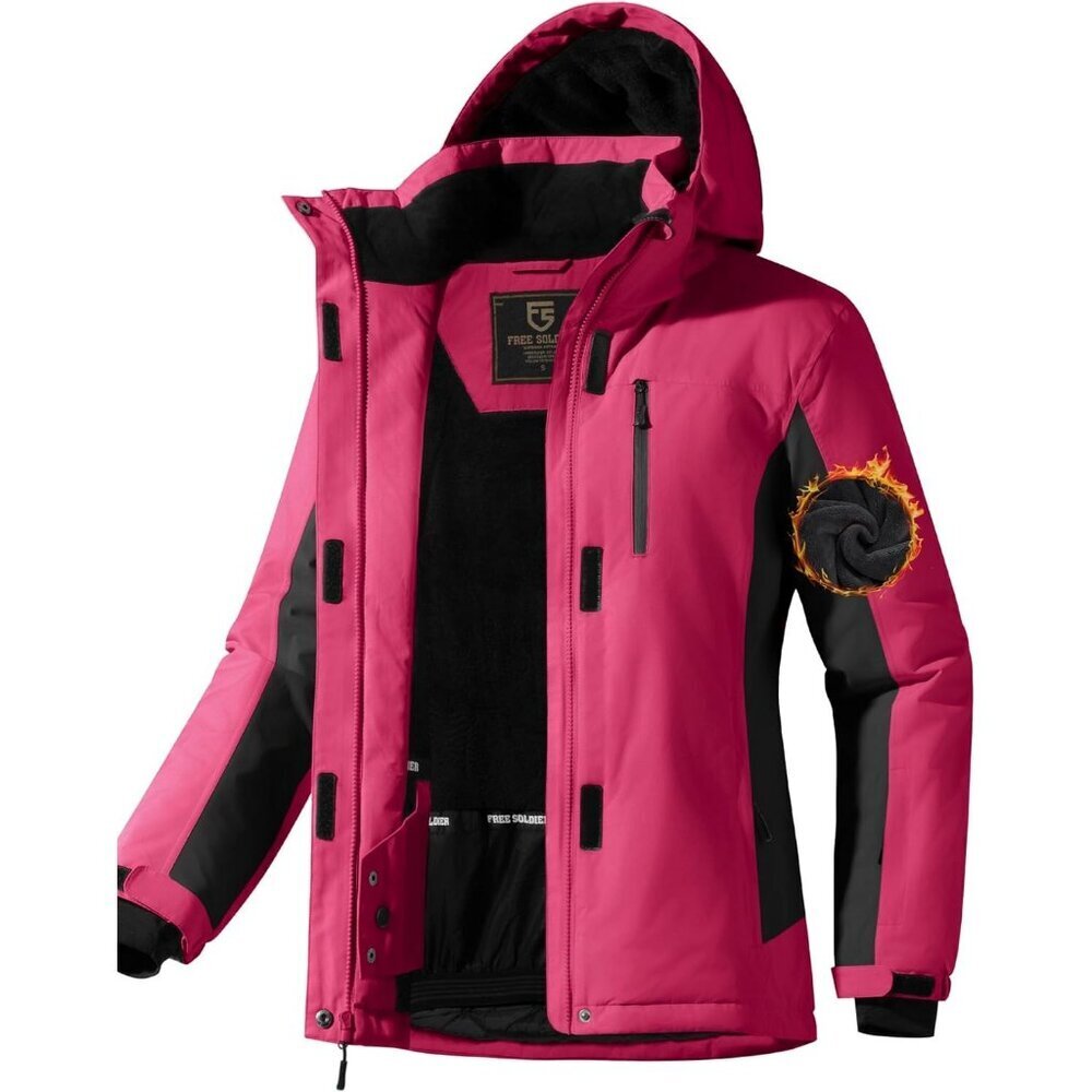 Women's Waterproof Rose Red Hood Ski Snow Jacket Fuzzy Fleece Lined Winter Warm